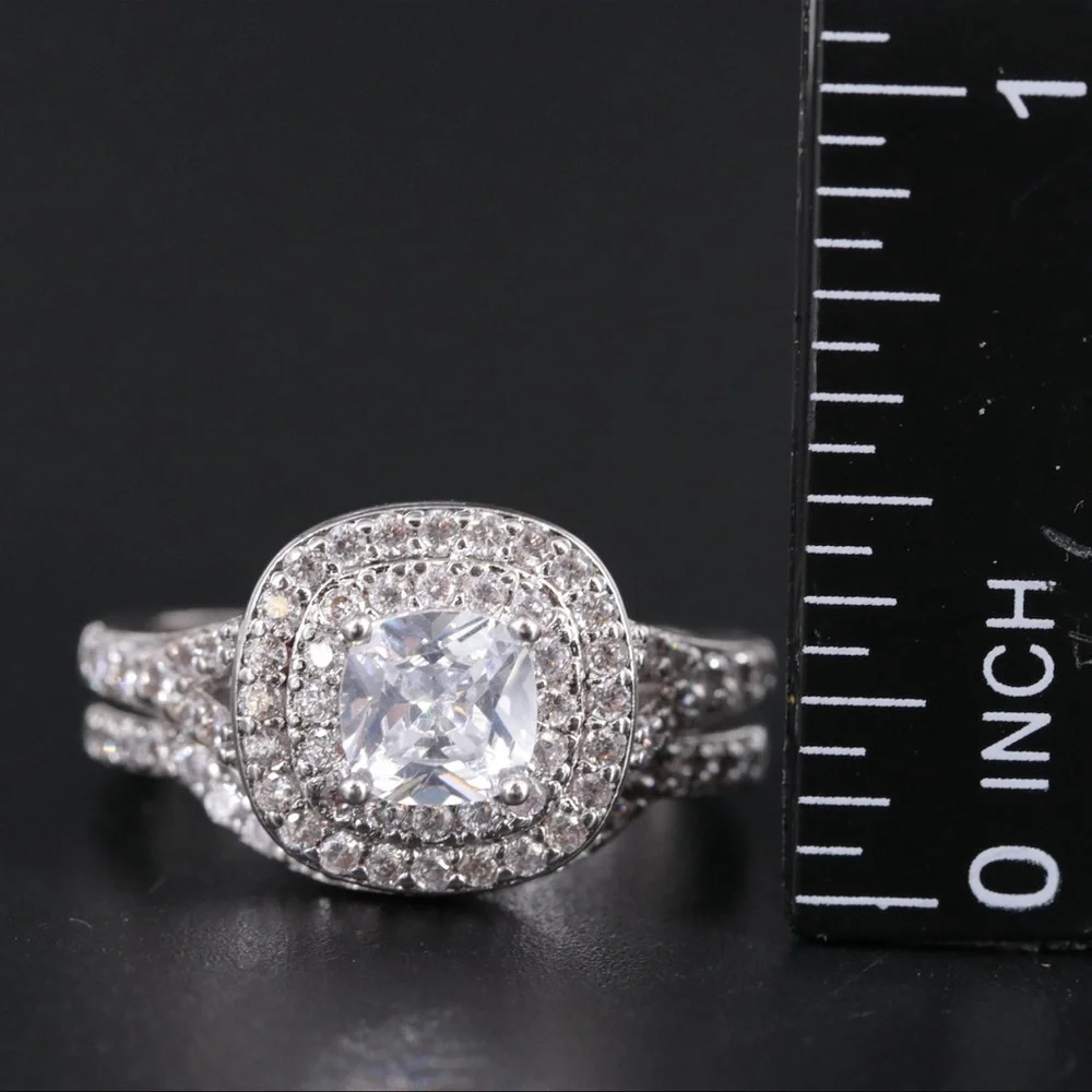 NWOT Orchid CZ Bridal Ring Set Silver-tone Cushion Setting Costume Jewelry Halo